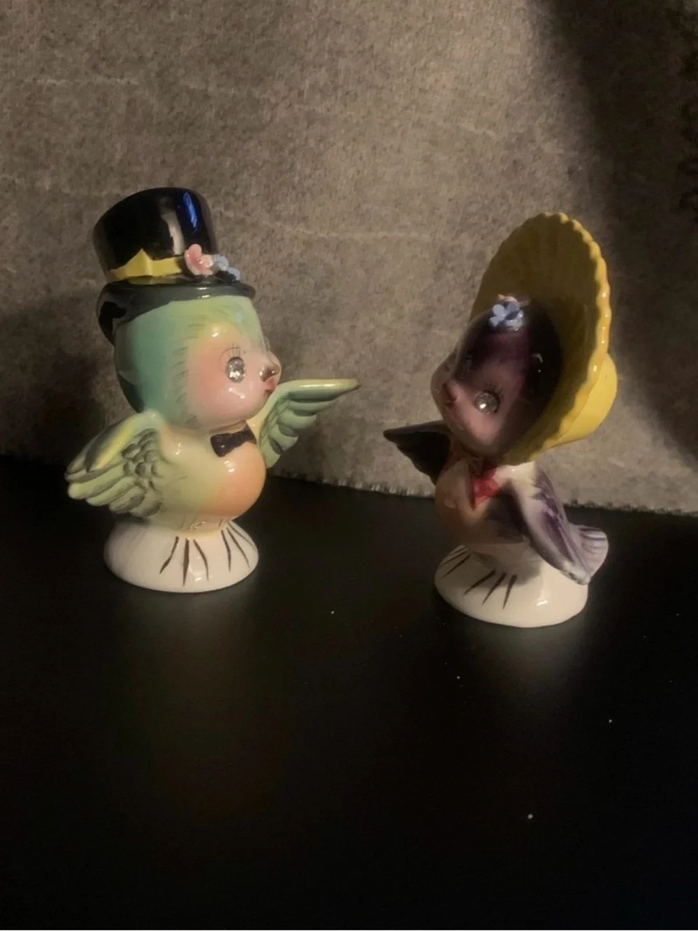 Anthropomorphic Dapper Mr and Mrs Bluebird Salt & Pepper Shakers